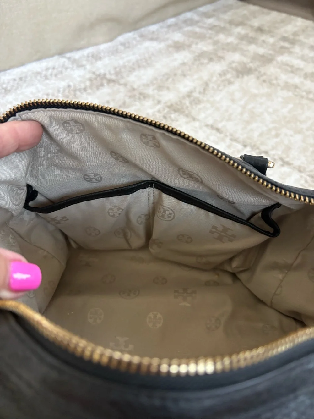 Tory Burch Black Pebbled Leather Satchel with Gold Logo Accent